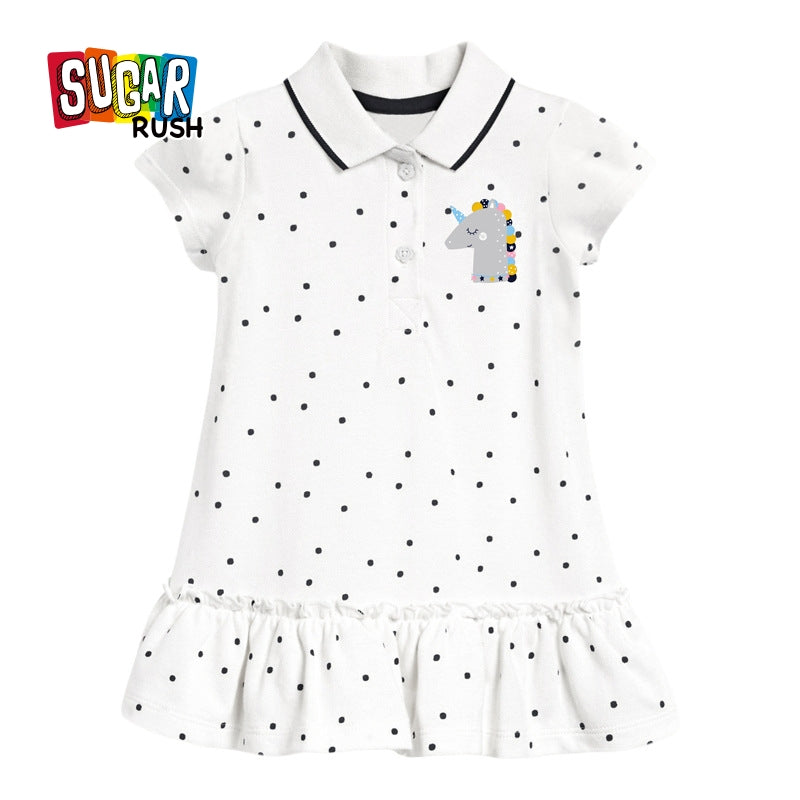 Girls White Polka Dots Printed Cotton A-Line Knee Length Dress