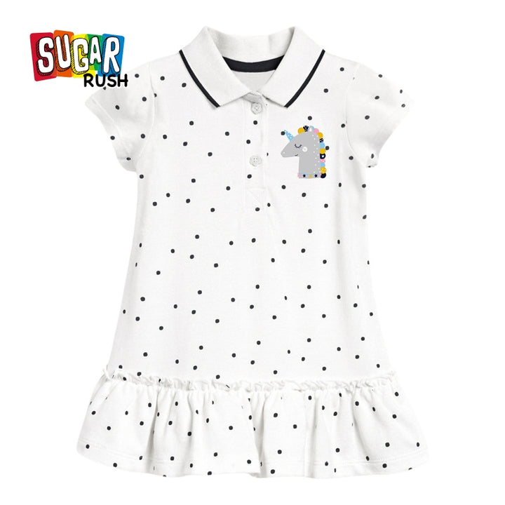 Girls White Polka Dots Printed Cotton A-Line Knee Length Dress