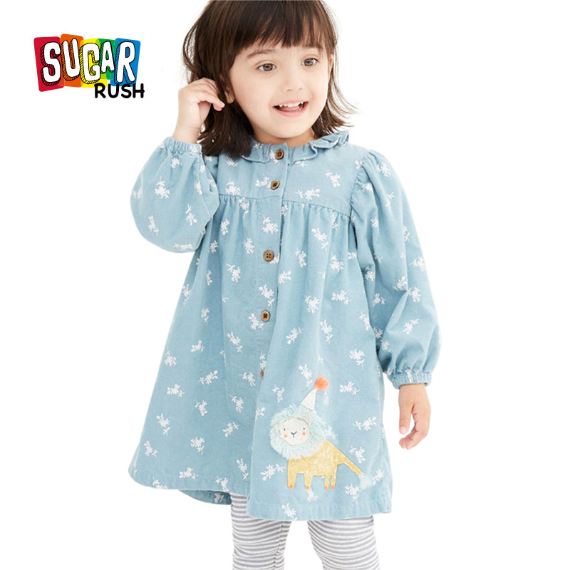 Blue Girls Conversational Printed Puff Sleeves Ruffles Cotton A-Line Dress