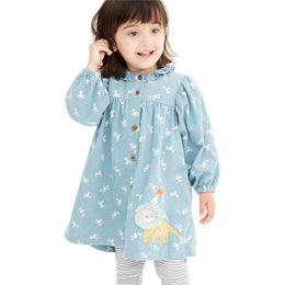 Blue Girls Conversational Printed Puff Sleeves Ruffles Cotton A-Line Dress