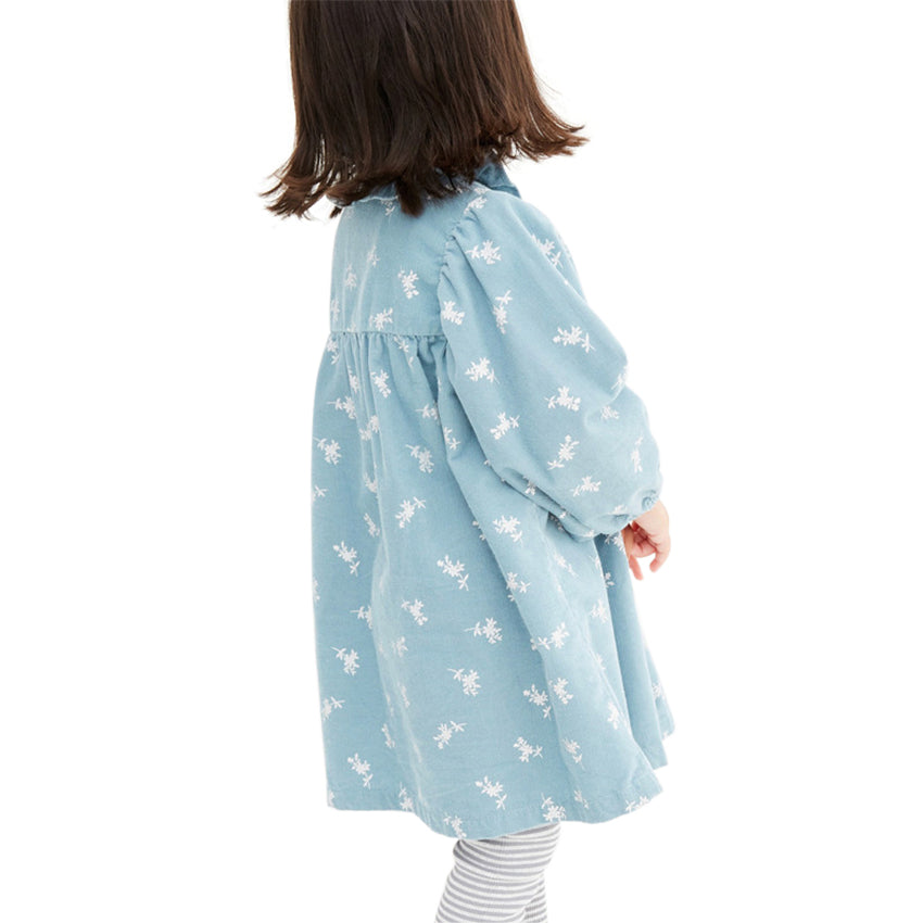 Blue Girls Conversational Printed Puff Sleeves Ruffles Cotton A-Line Dress