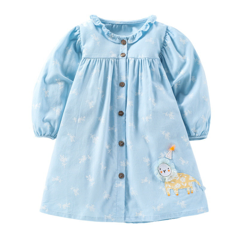 Blue Girls Conversational Printed Puff Sleeves Ruffles Cotton A-Line Dress