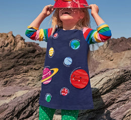 Girls Navy Blue Conversational Printed A-Line Longline Top