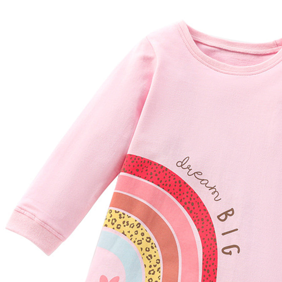 Pink Graphic Print Layered Cotton A-Line Mini Dress