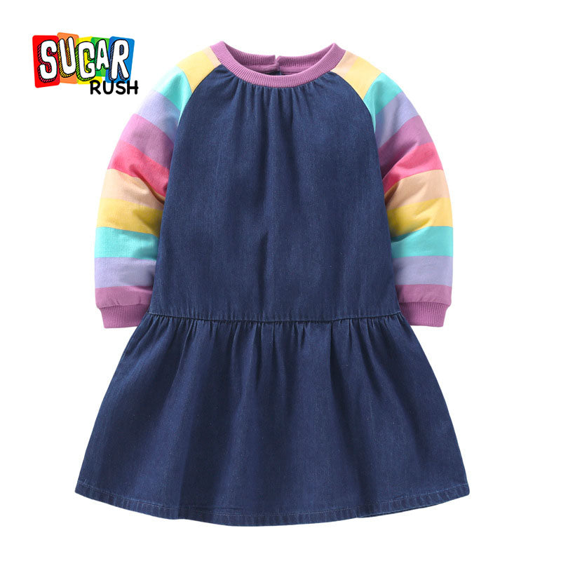 Girls Navy Blue Round neck Long Sleeves Drop-Waist Cotton Dress