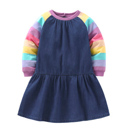Girls Navy Blue Round neck Long Sleeves Drop-Waist Cotton Dress