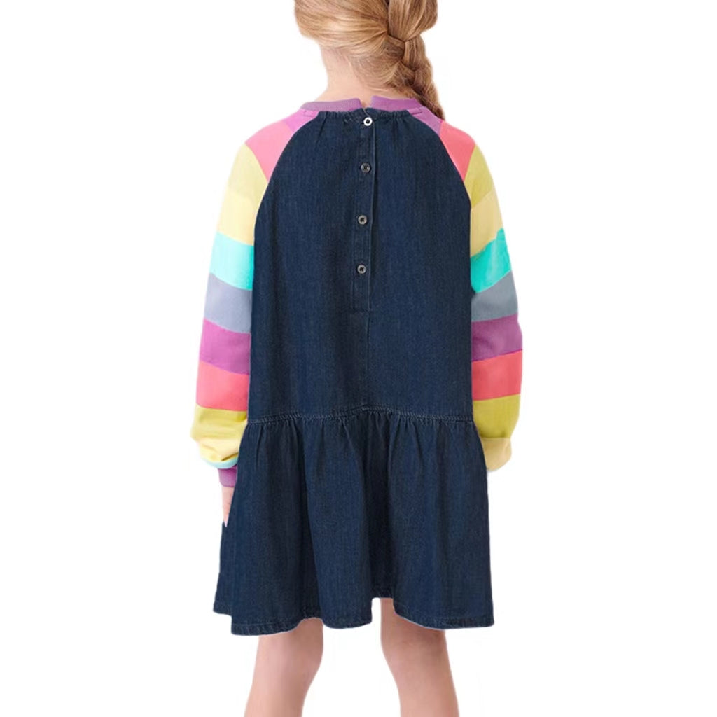 Girls Navy Blue Round neck Long Sleeves Drop-Waist Cotton Dress