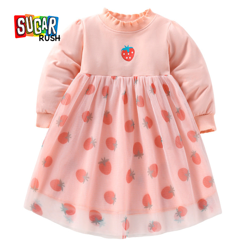 Girls Pink Conversational Printed Gathered Cotton Fit & Flare Dress