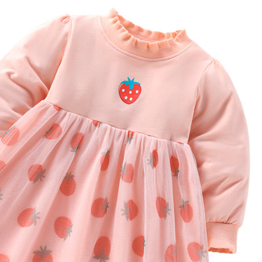 Girls Pink Conversational Printed Gathered Cotton Fit & Flare Dress