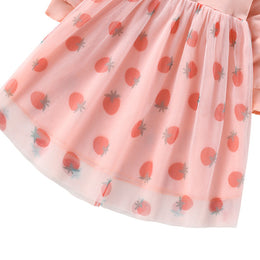 Girls Pink Conversational Printed Gathered Cotton Fit & Flare Dress