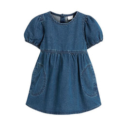 Girls Blue Puff Sleeve A-Line Cotton Dress