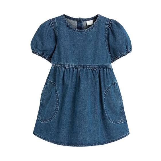 Girls Blue Puff Sleeve A-Line Cotton Dress