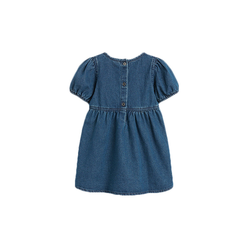 Girls Blue Puff Sleeve A-Line Cotton Dress