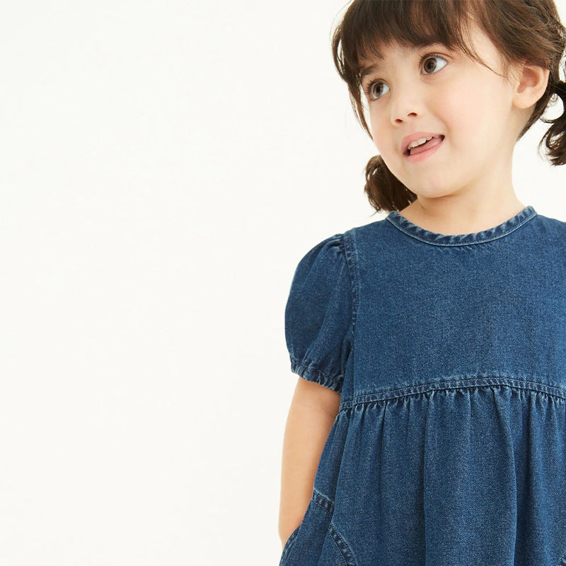 Girls Blue Puff Sleeve A-Line Cotton Dress