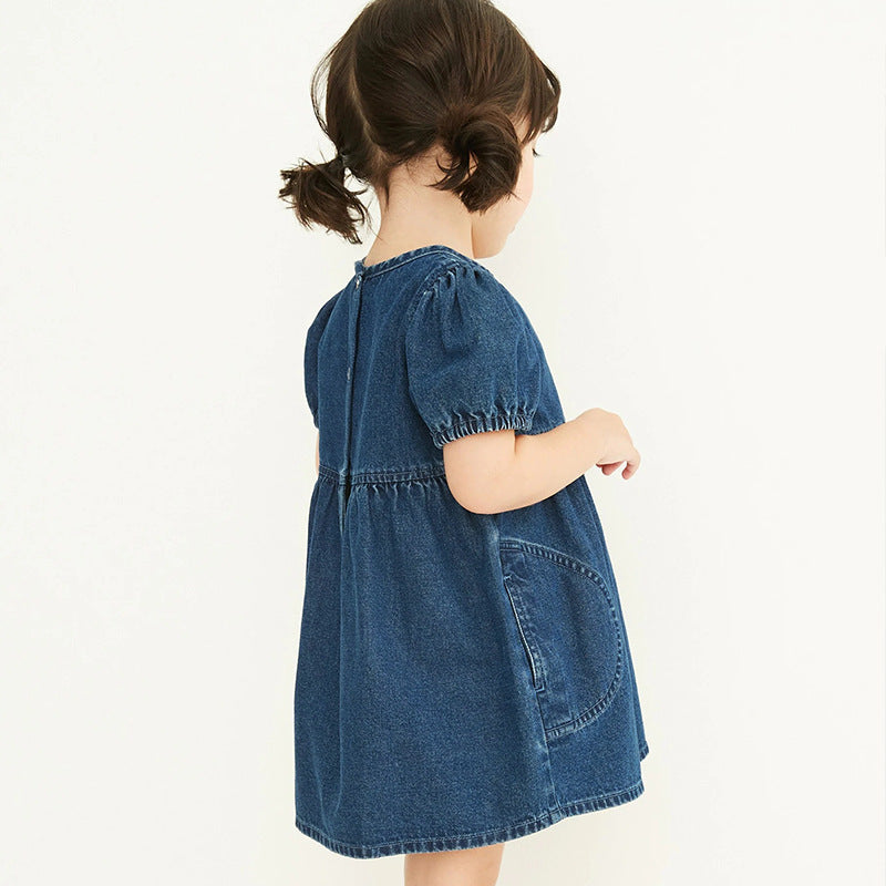 Girls Blue Puff Sleeve A-Line Cotton Dress