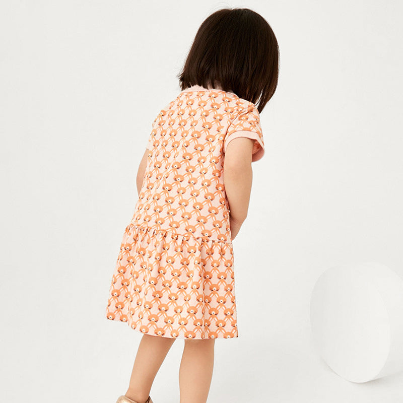 Girls Orange Graphic Printed Cotton A-Line Dress