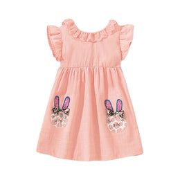 Girls Pink Animal Embroidered Round Neck Fit & Flare Dress