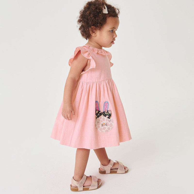 Girls Pink Animal Embroidered Round Neck Fit & Flare Dress