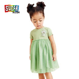Girls Green Striped Cotton Fit & Flare Knee Length Dress