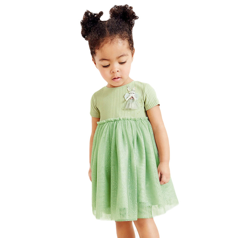 Girls Green Striped Cotton Fit & Flare Knee Length Dress