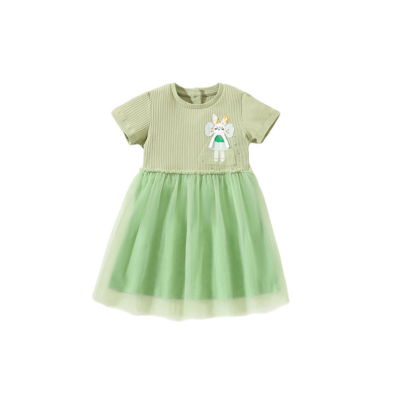 Girls Green Striped Cotton Fit & Flare Knee Length Dress