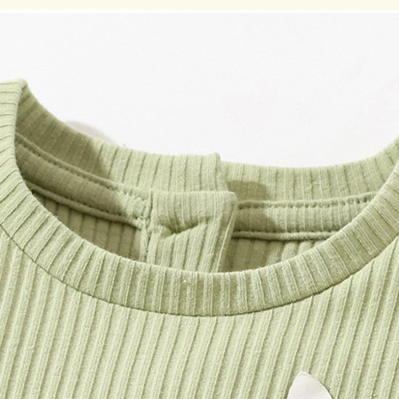 Girls Green Striped Cotton Fit & Flare Knee Length Dress