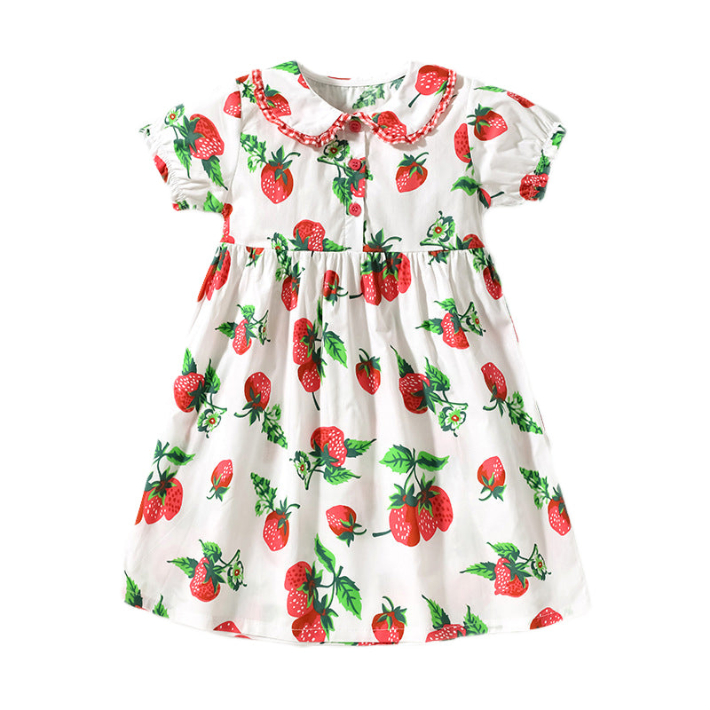 Girls White Conversational Printed Gathered Cotton Fit & Flare Mini Dress