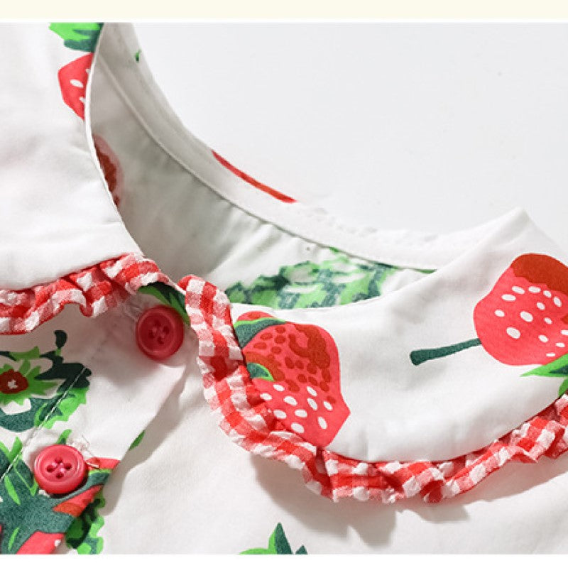 Girls White Conversational Printed Gathered Cotton Fit & Flare Mini Dress