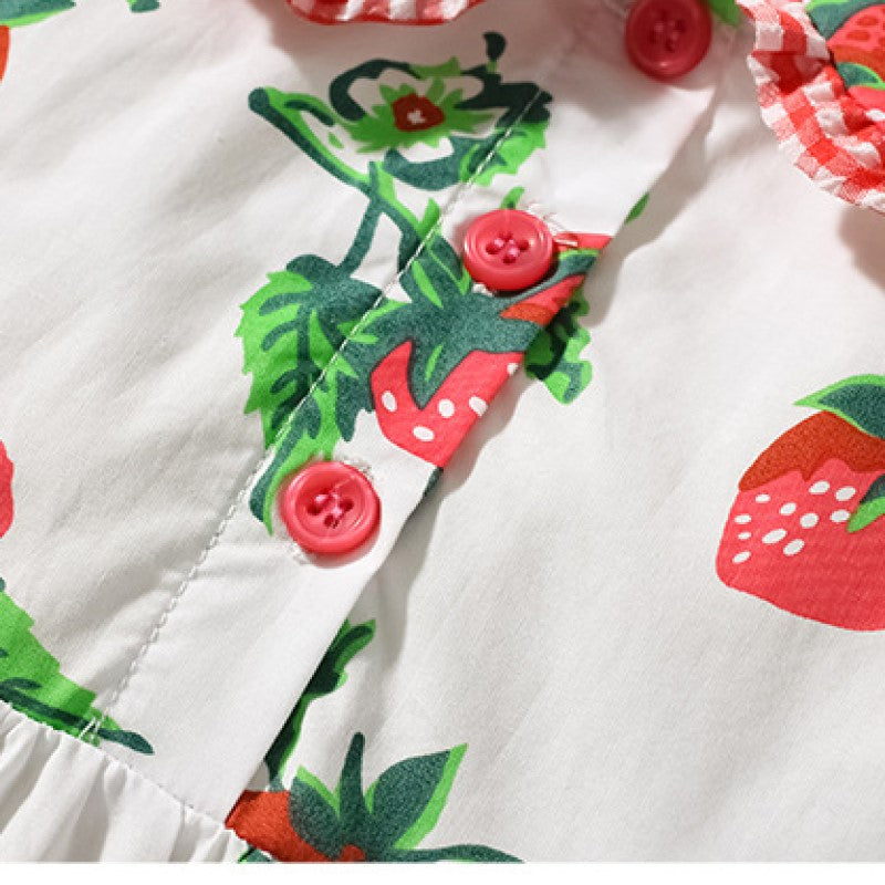 Girls White Conversational Printed Gathered Cotton Fit & Flare Mini Dress