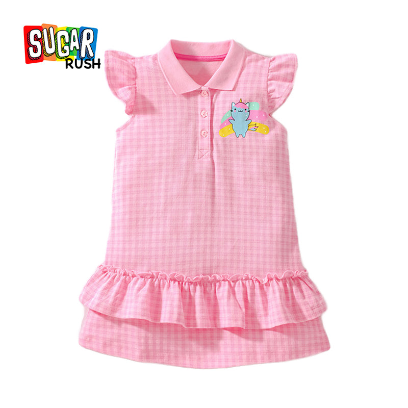 Girls Pink Checked Drop-Waist Cotton Dress