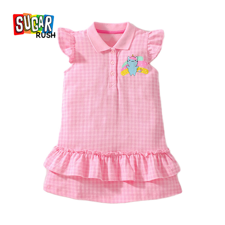 Girls Pink Checked Drop-Waist Cotton Dress