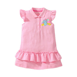 Girls Pink Checked Drop-Waist Cotton Dress