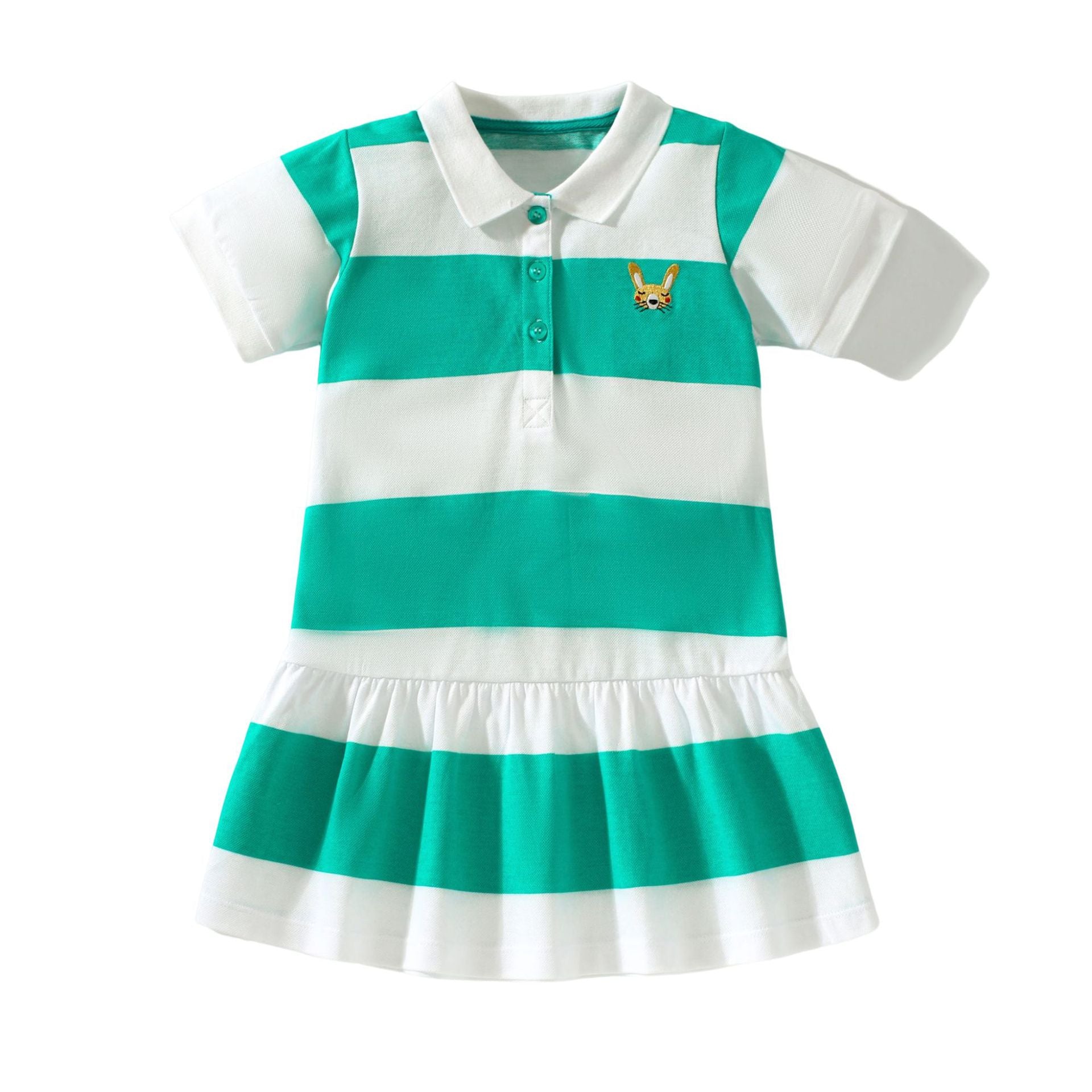 Girls Green Striped Cotton A-Line Dress