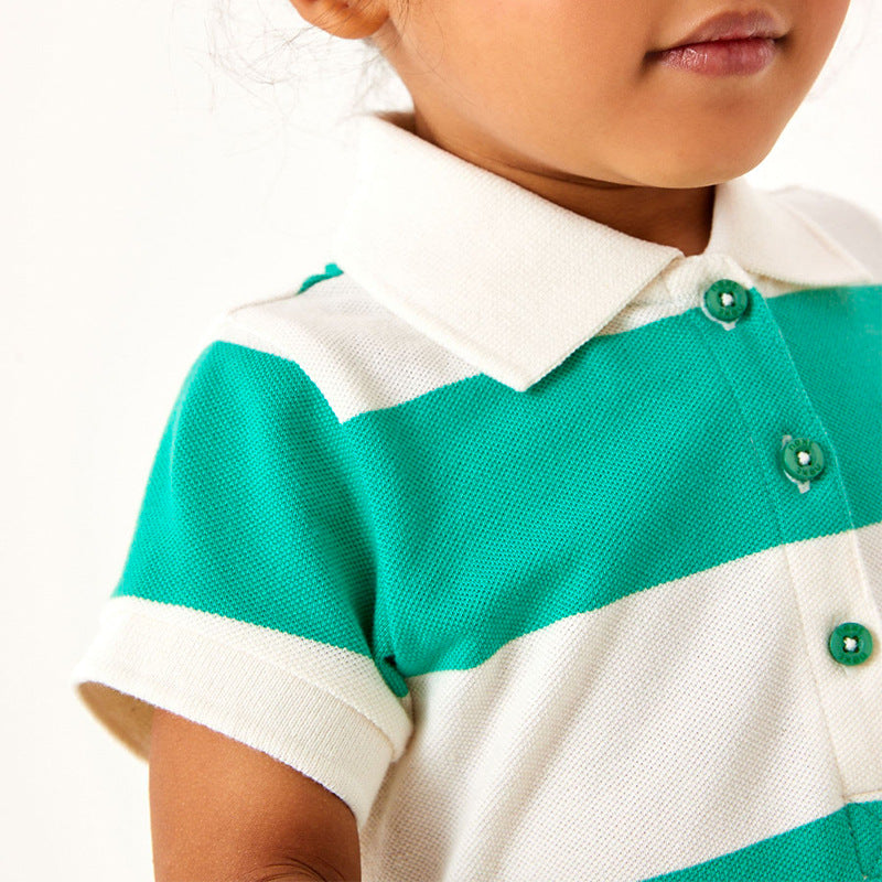 Girls Green Striped Cotton A-Line Dress