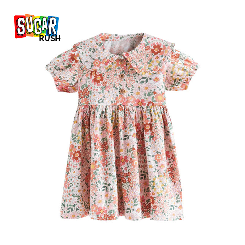 Girls Pink Floral Printed Puff Sleeves Gathered Cotton Fit & Flare Dress
