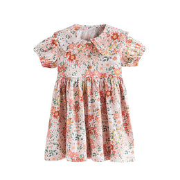 Girls Pink Floral Printed Puff Sleeves Gathered Cotton Fit & Flare Dress