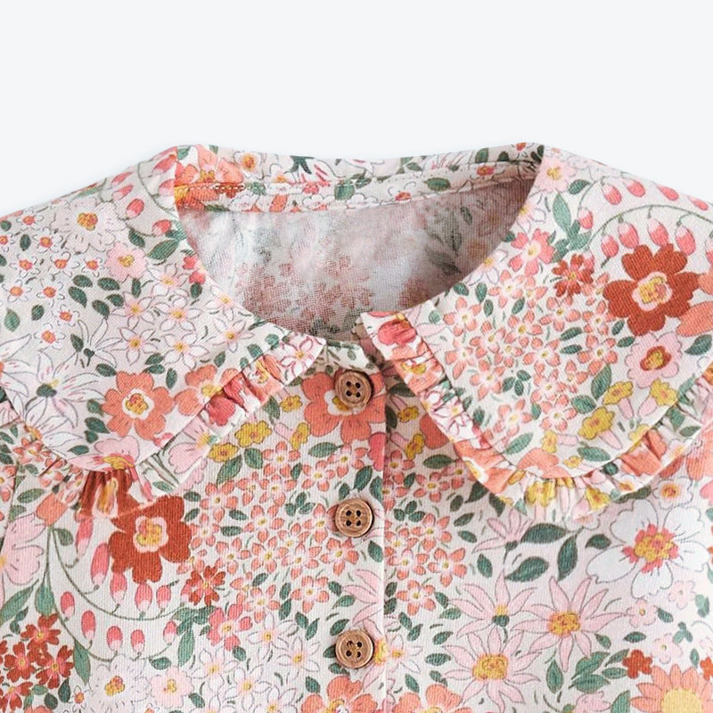 Girls Pink Floral Printed Puff Sleeves Gathered Cotton Fit & Flare Dress