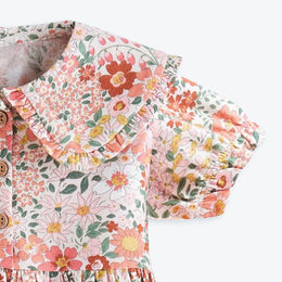 Girls Pink Floral Printed Puff Sleeves Gathered Cotton Fit & Flare Dress