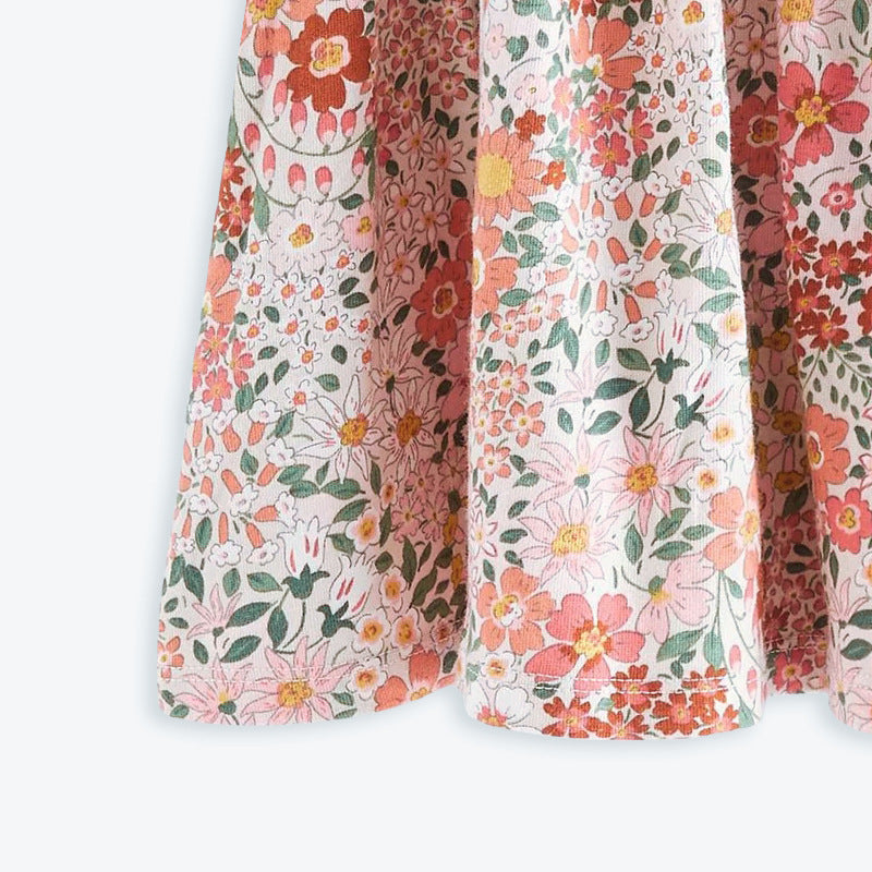 Girls Pink Floral Printed Puff Sleeves Gathered Cotton Fit & Flare Dress