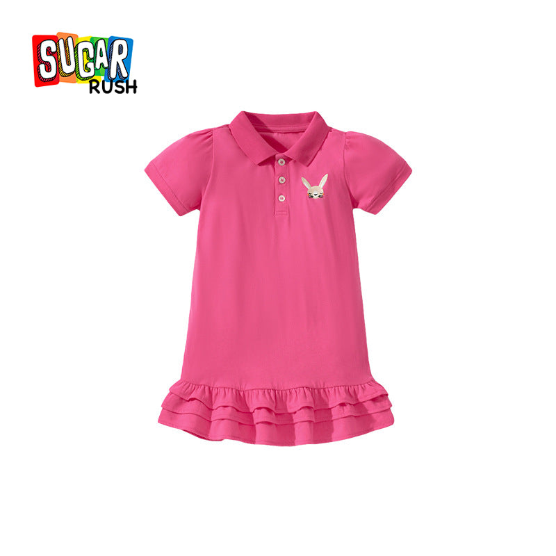 Girls Pink Puff Sleeves Cotton T-Shirt Dress