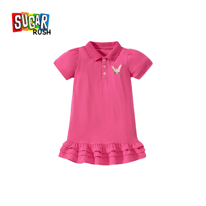 Girls Pink Puff Sleeves Cotton T-Shirt Dress