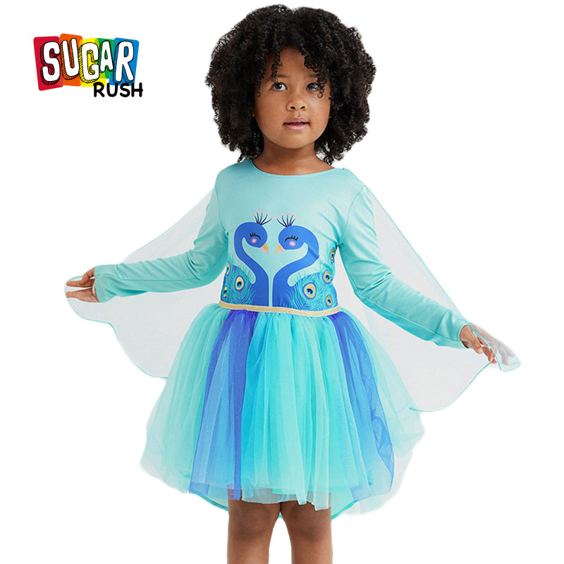 Girls Blue Conversational Printed Cotton A-Line Dress
