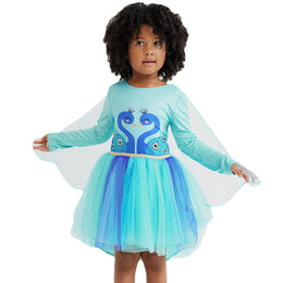 Girls Blue Conversational Printed Cotton A-Line Dress