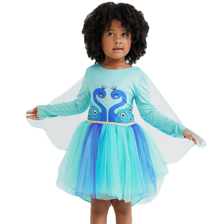 Girls Blue Conversational Printed Cotton A-Line Dress