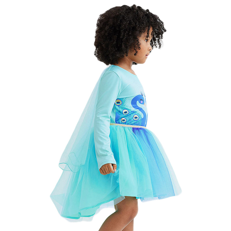 Girls Blue Conversational Printed Cotton A-Line Dress