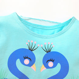 Girls Blue Conversational Printed Cotton A-Line Dress