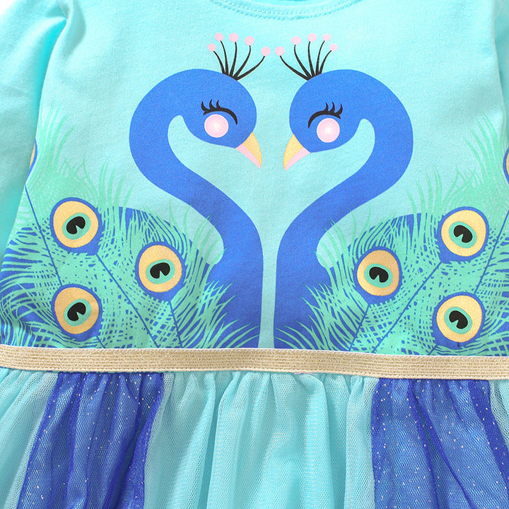Girls Blue Conversational Printed Cotton A-Line Dress