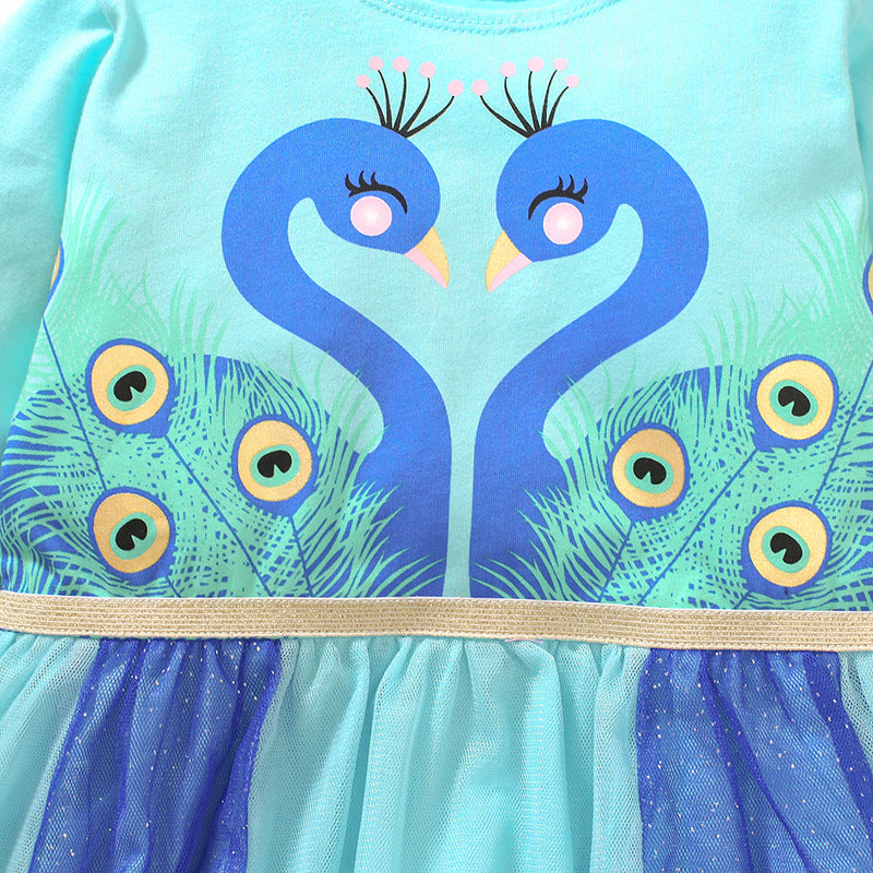 Girls Blue Conversational Printed Cotton A-Line Dress