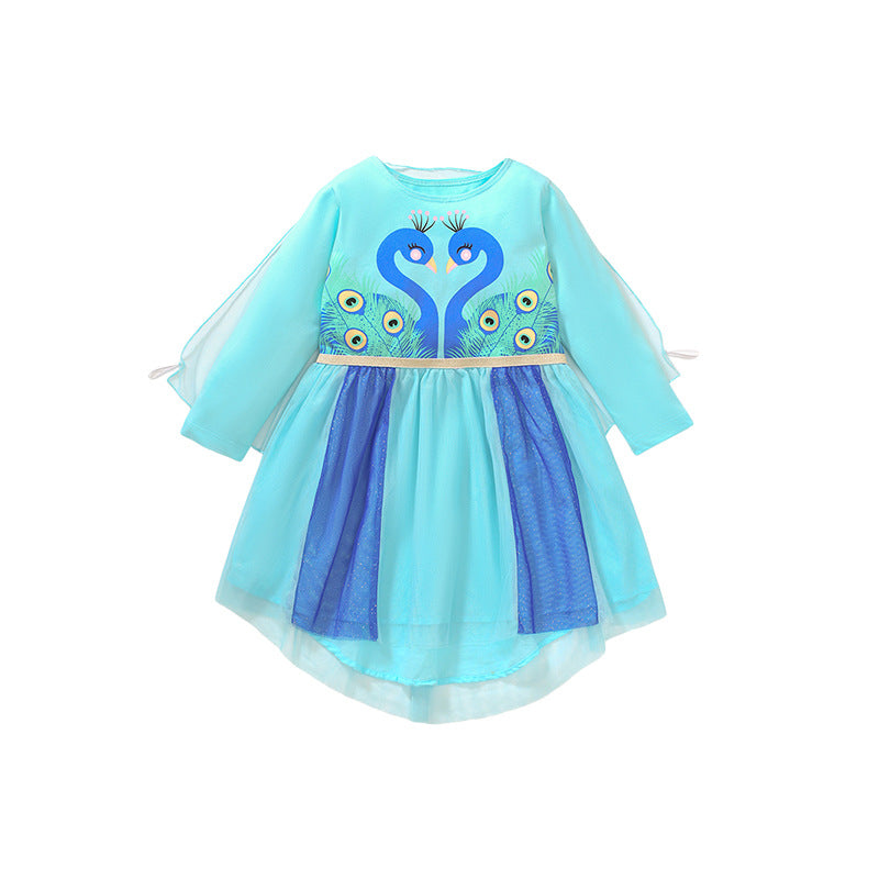 Girls Blue Conversational Printed Cotton A-Line Dress