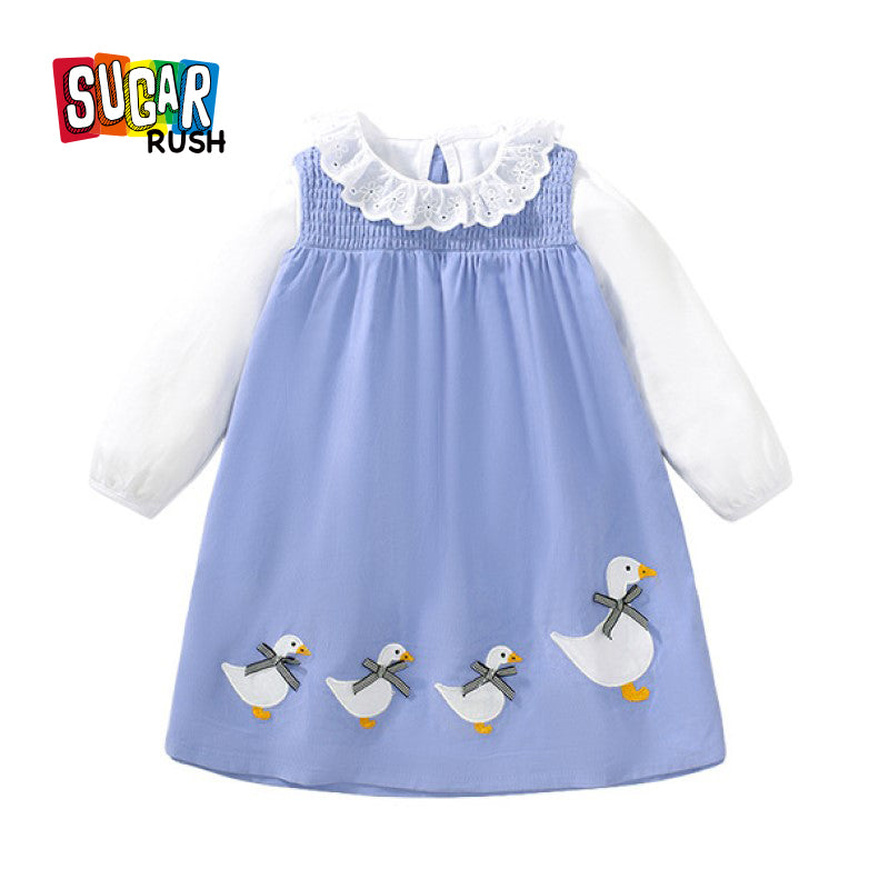 Girls Blue Round Neck Cotton Dress